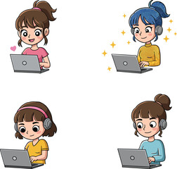 Cartoon girls using laptops, online learning, remote work illustration, cute female characters with headphones studying, working, digital communication, technology lifestyle