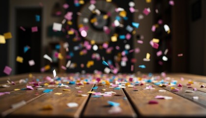 Fototapeta premium Colorful Confetti Falling on Wooden Table Celebrating Joyful Moments