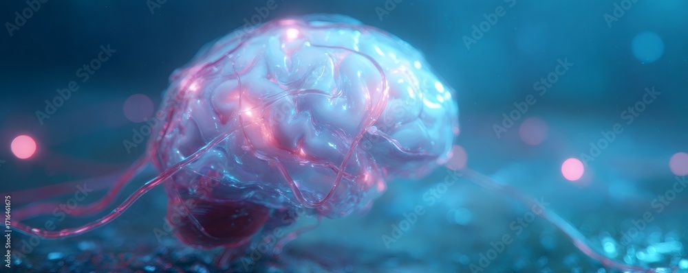 Poster illuminated human brain model with glowing connections. artificial intelligence and neural network c