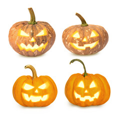 Set of 4 orange fancy little pumpkin heads with carved with a different face is Jack-o-lantern glowing head for Halloween isolated on transparent background or png file.