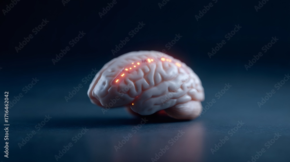 Poster human brain model with glowing neural pathways. artificial intelligence and advanced neurological re