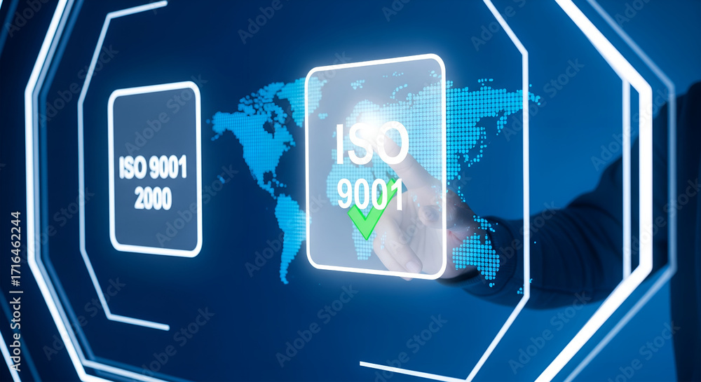 Poster digital display of iso 9001 certification on a futuristic blue interface with world map