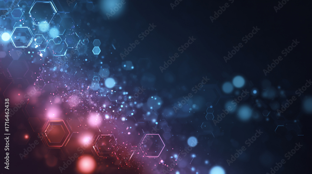 Poster abstract glowing hexagons and bokeh lights digital art background