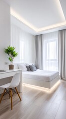 A modern, minimalist bedroom showcasing a clean, bright aesthetic with light wood flooring and white furniture.