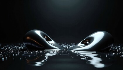 Futuristic shiny black objects on a reflective surface with water droplets and dramatic lighting
