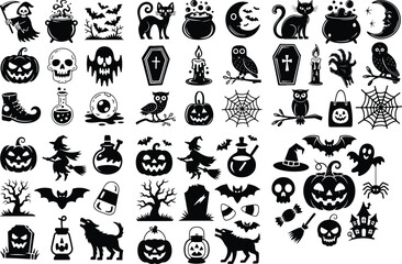 Hand Drawn Halloween Doodle Icon Silhouette Set  Spooky Halloween Sketch Icons Vector Silhouette Collection