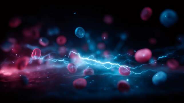 Microscopic red blood cells flowing through veins with electric charges. Immune system defense and futuristic medical treatment concept.