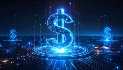 Glowing, futuristic dollar signs float amidst a web of interconnected lines & data, hinting at digital finance