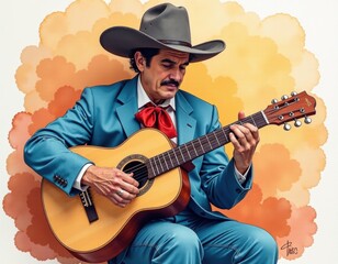 Obraz premium Mariachi or Charro Musician Playing Acoustic Guitar in Cowboy Hat