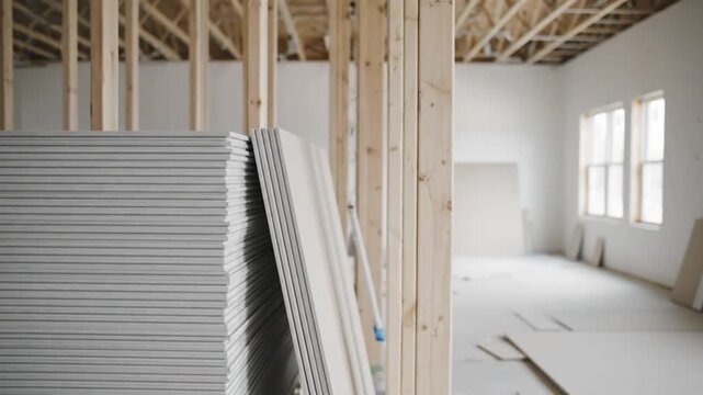 Unfinished new home construction showing wood framing and stacked drywall sheets ready for installation in a bright modern house interior