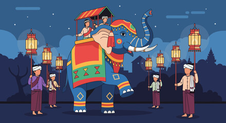 Colorful Elephant Parade with Lanterns and People at Night Festival
