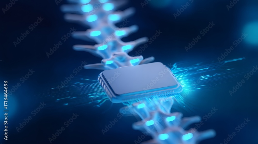 Aufkleber microchip implanted spinal cord with glowing nerve connections. bioengineering and neurotechnology. 