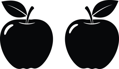 Apple silhouette icons set, vector illustration of apples with leaves, simple minimal design, healthy organic fruit, fresh food, black shapes.