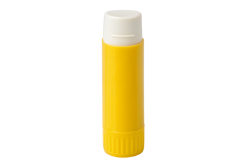 Yellow lip balm tube on plain background for moisturizing dry cracked chapped lips care product