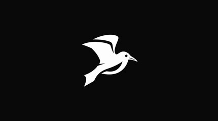 Simple, stylized white bird in flight against a black background.