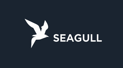 A stylized white seagull in flight depicted next to the word 