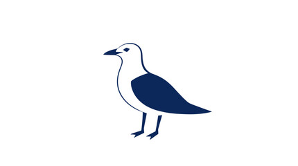 A stylized illustration of a seagull, standing, facing left, in navy blue.