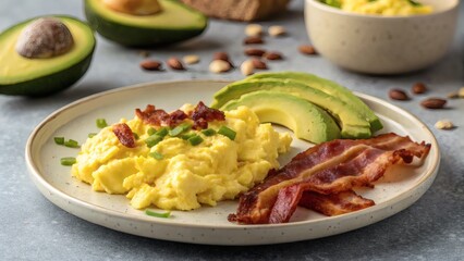 Keto scrambled eggs with avocado and crispy bacon