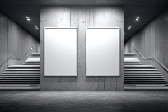 Empty white posters on concrete wall, beneath stairs