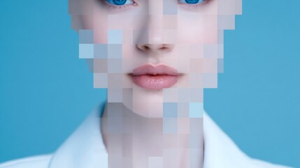 Woman's face appears with pixilated digital square overlay on light blue background. AI biometric identification and data concept for information security.