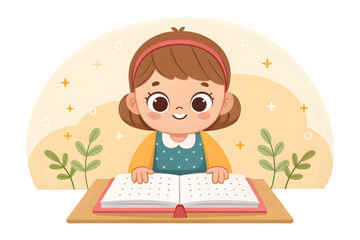 Cute girl reading braille book illustration isolated on transparent background
