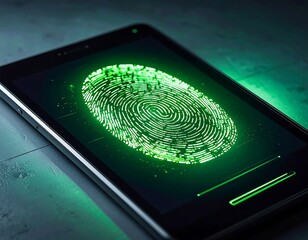 Tablet screen displaying a glowing fingerprint