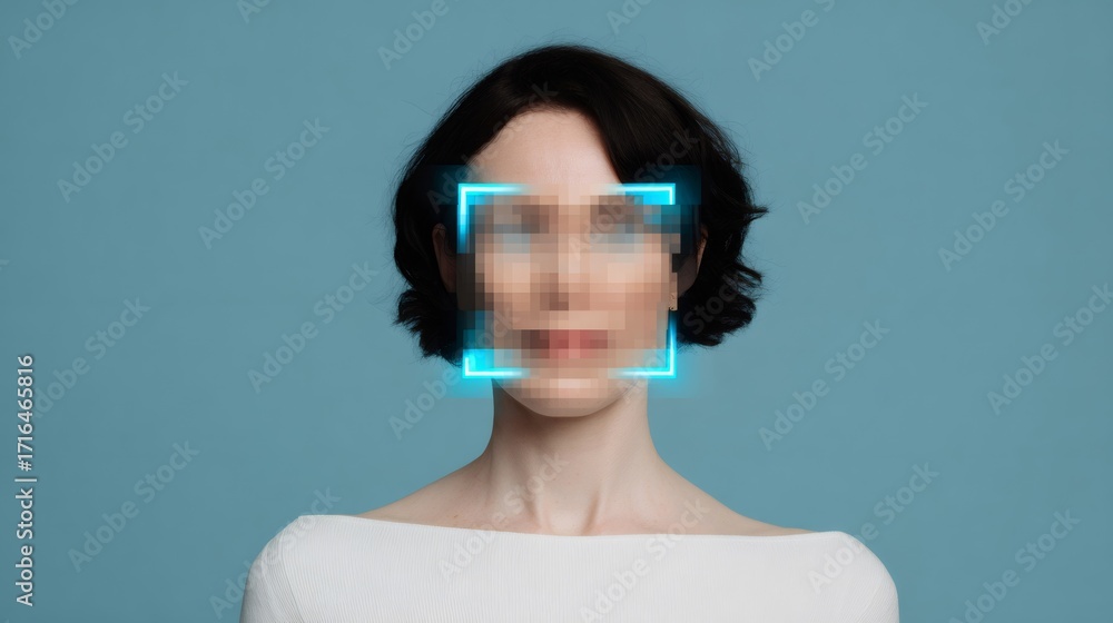 Poster woman with pixelated face and scanning frame. face recognition system and biometric identification c