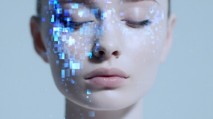 Woman with closed eyes and blue data pixels on face. Artificial intelligence and biometric recognition for future medical technology.
