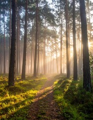 Misty forest path at dawn