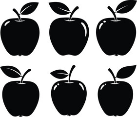 Apple fruit silhouette collection, six vector icons, healthy organic food design, fresh fruit clipart, minimal illustration, nutrition graphic, isolated black shapes.