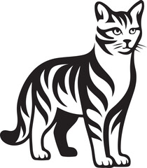 Stylized tabby cat standing silhouette, Feline animal illustration black and white