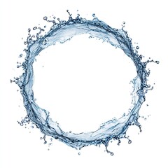 Circular water splash, light blue, isolated on white.  Fluid, dynamic, ring-shaped,  water droplets, splashes,  creating a frame or border