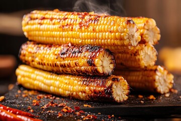 A stack of perfectly roasted corn on the cob with charred kernels, sprinkled with seasoning, with copy space.