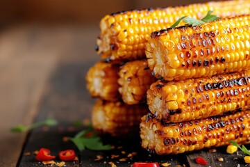 A stack of perfectly roasted corn on the cob with charred kernels, sprinkled with seasoning, with copy space.