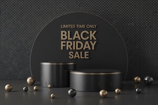 Black friday sale with podium and decorative balls, limited time offer