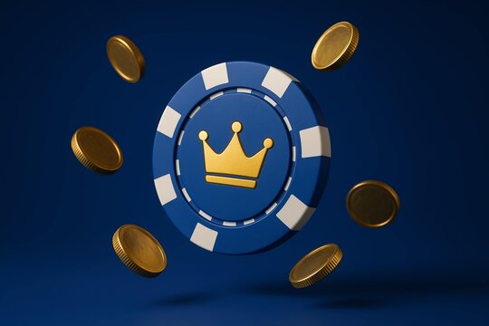 Blue casino chip with golden crown surrounded by floating coins on dark background