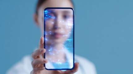 Woman holding a smartphone with blue digital data display. Concept of future technology, telemedicine, and artificial intelligence.