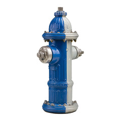 Fototapeta premium PNG of A blue and silver fire hydrant standing tall against a white background, showcasing its shiny metallic features.
