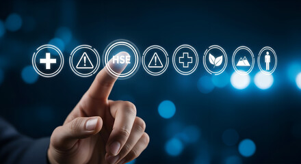 Finger touching glowing digital icons representing health safety and environmental protection