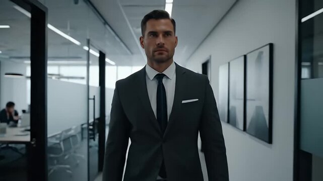 A man in a suit walks down a hallway. Concept of professionalism and formality