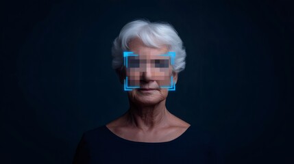 Old woman with blurred face, facial recognition interface. Digital identity and security. Artificial intelligence technology in medicine and healthcare.