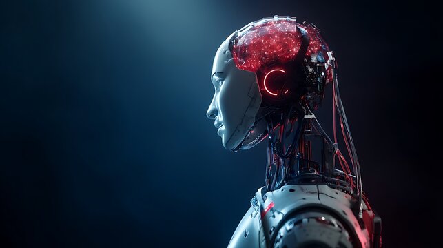 A Striking Depiction of a Futuristic Female Android with a Visible, Illuminated Brain, showcasing advanced artificial intelligence and robotic design. - Powered by Adobe