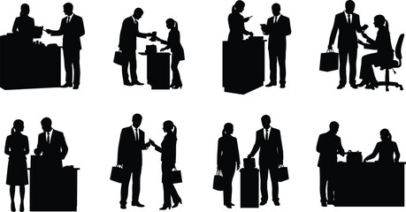 Business silhouettes showing customer service, retail transactions, handshake, office communication, professional interaction, workplace behavior,