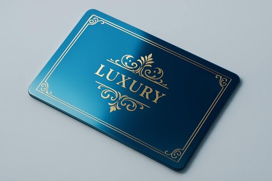 Elegant luxury card design with ornate gold lettering on a blue metallic background