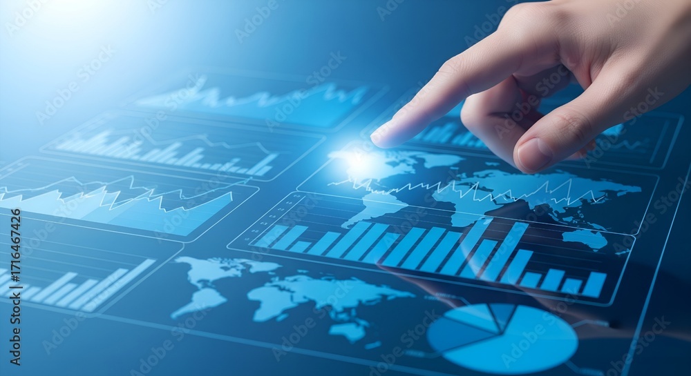 Poster finger touching glowing digital screen displaying global financial data charts and graphs