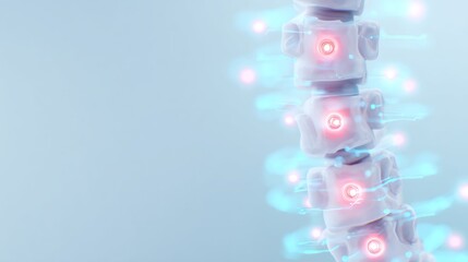 Human spine with glowing red points and neural connections. Medical research of backbone health. Innovative technology in orthopedics.