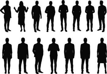 Silhouette people standing collection, men and women vector illustration, business casual figures, black human shapes, crowd poses, office teamwork, communication gestures
