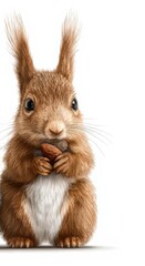 Obraz premium Cute squirrel holding nut in paws isolated on white background, wildlife illustration and nature animal drawing for World Animal Day concept