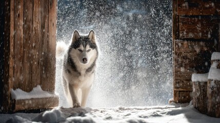 Husky Dog in Winter Forest ,  Beautiful Portrait of Siberian Husky