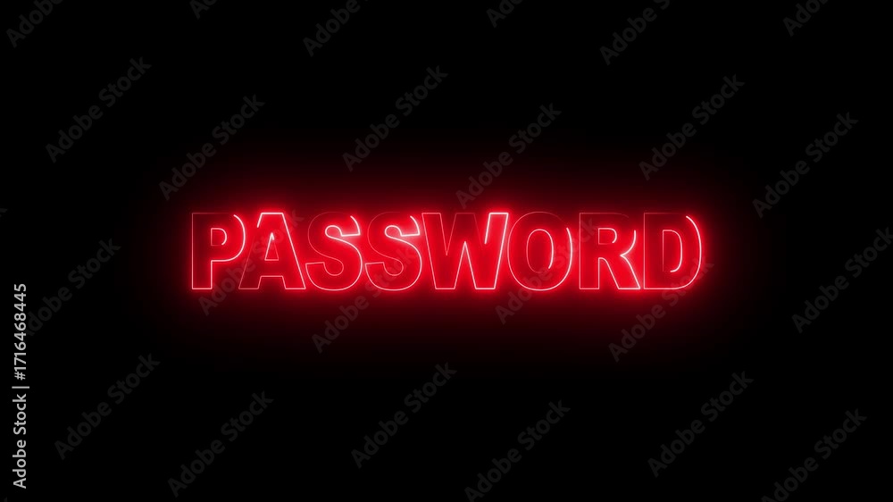 Poster glowing neon password text icon animation video. password neon text animation on black background fo
